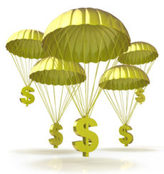 37193706 - golden parachutes. dollar signs parachuting down from the sky