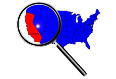41387665 - california state outline and icon inset under a magnifying glass