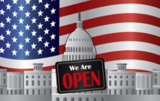 23065962 - washington dc us capitol building with we are open sign on us american flag background illustration