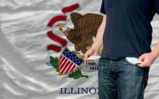 12071081 - poor man showing empty pockets in front of american state of illinois flag