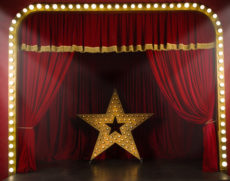 44036859 - theater stage with red curtains and spotlights. theatrical scene in the light of searchlights