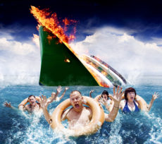 48995027 - trouble in paradise concept as five hysterical tourists wearing life rings scream and wave in the ocean for help and rescue after an accident sinks their boat